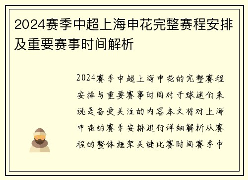 2024赛季中超上海申花完整赛程安排及重要赛事时间解析