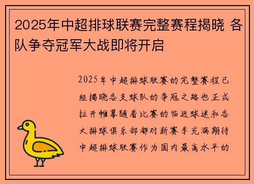 2025年中超排球联赛完整赛程揭晓 各队争夺冠军大战即将开启