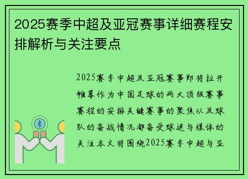 2025赛季中超及亚冠赛事详细赛程安排解析与关注要点