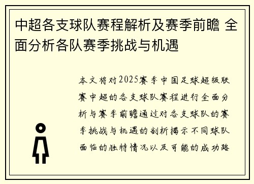 中超各支球队赛程解析及赛季前瞻 全面分析各队赛季挑战与机遇