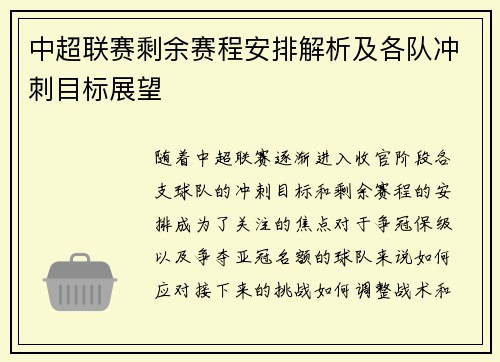 中超联赛剩余赛程安排解析及各队冲刺目标展望