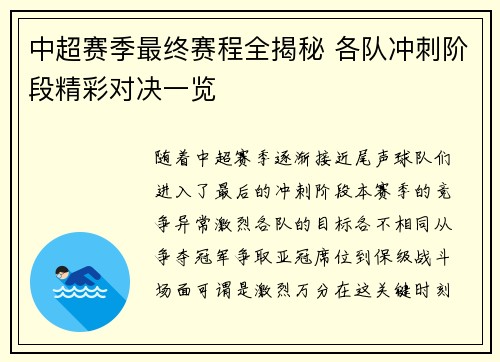 中超赛季最终赛程全揭秘 各队冲刺阶段精彩对决一览